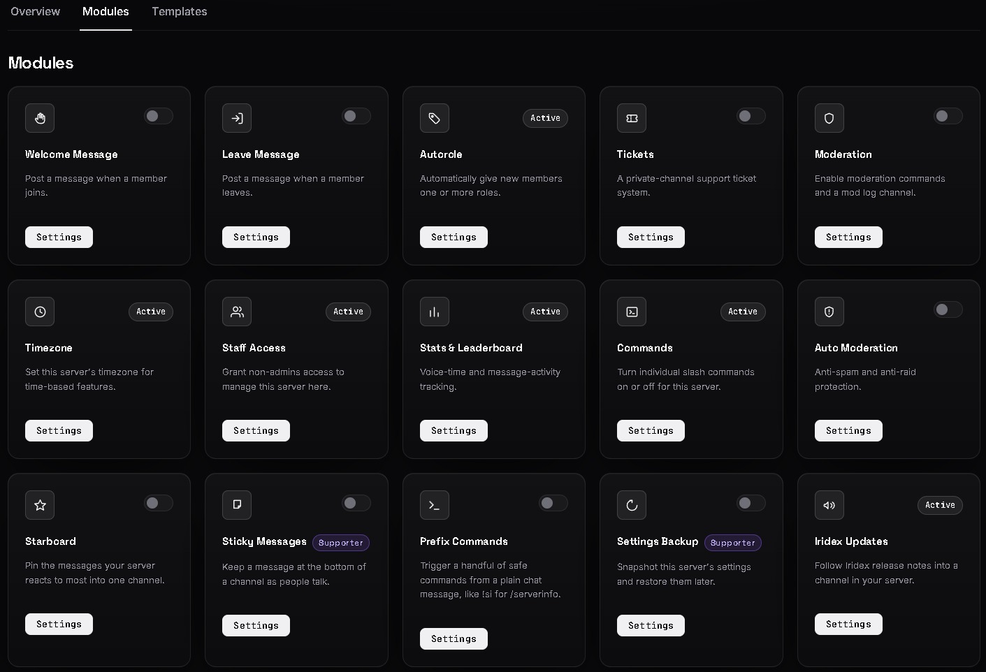 The module toggle grid on the Iridex dashboard
