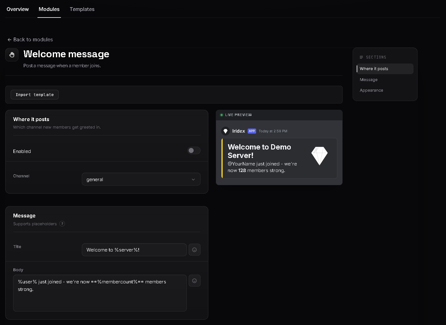 The welcome message editor on the Iridex dashboard, with a live preview of the message on the right as it's typed